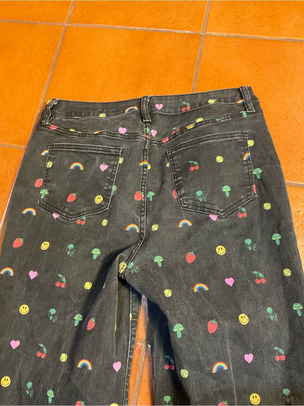 Dopamine Y2K Black Flare Jeans Rainbow Alien Mushroom Emo Strawberry Print 13